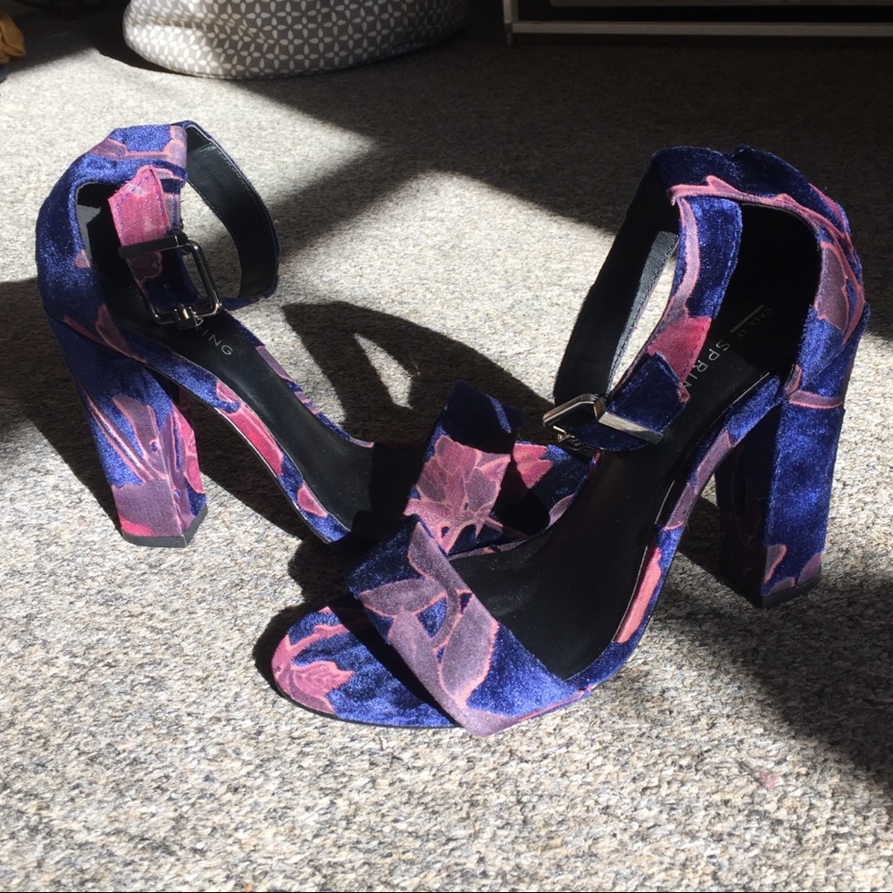 Blue & Pink Velvet Block Heels